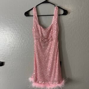 Lulus Popular Invite Pink Sequin Mesh Feather Mini Dress, XS 2209336